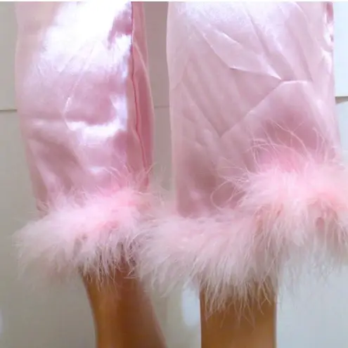 Pink Satin Feather Trim Pajama Pants Sz S NWOT