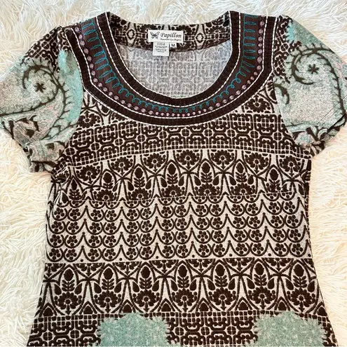 Papillon Boho Paisley Knit Brown Teal Floral Sweater Dress Eclectic Grandpa M Size M