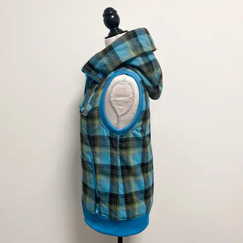 Burton Turquoise Blue Green Black Plaid Hooded Dry Ride Zip Up Collared Vest