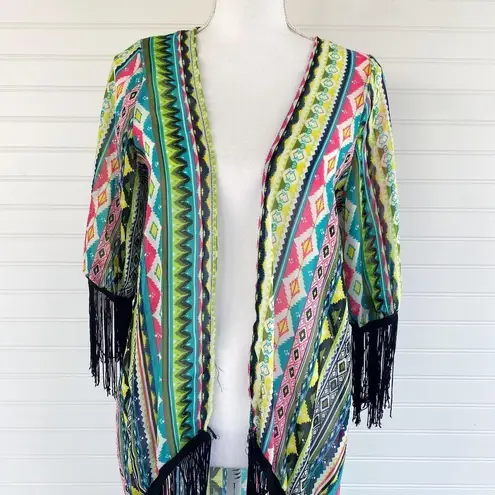 Sans Souci Colorful Aztec fringe Kimono cardigan Size S