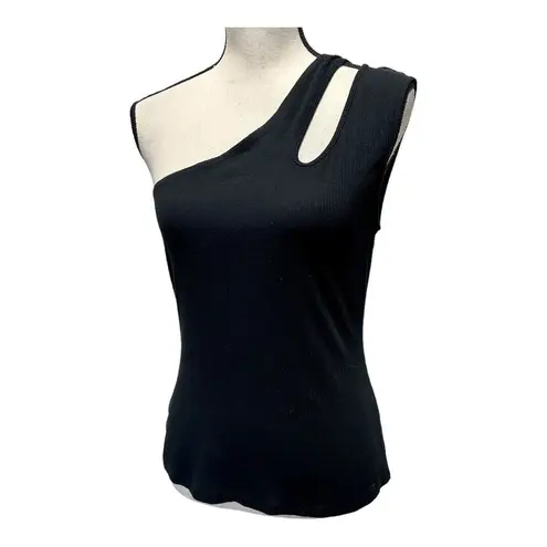 BCBGMAXAZRIA  Womens One Shoulder Tank Top Black Ribbed Solid Sleeveless M