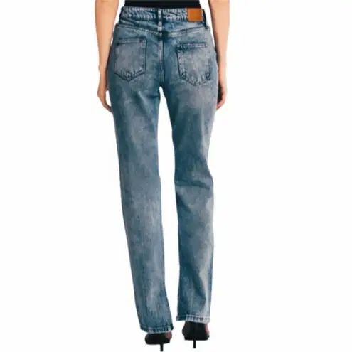 Avec Les Filles HIGH RISE BLUE DENIM DISTRESSED RAW SPLIT HEM MOM JEANS 30