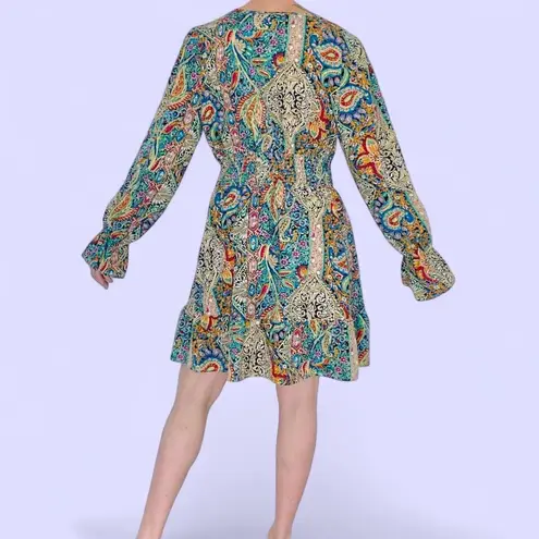 Retro Colorful Paisley Floral Abstract Hippie Long Sleeve Mini Dress Multiple Size M