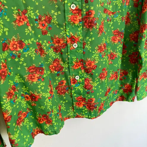 Vintage SKYR Womens L FLAW Green Orange Floral Disco Button Down Shirt Retro Size L