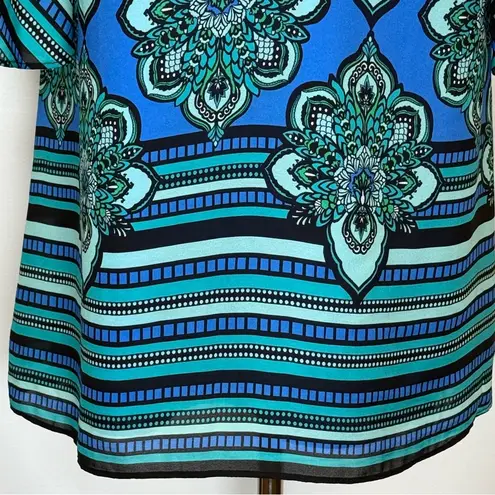 Kaari Blue Paisley Dress Bell Sleeves Blue And Green V-Neck Women’s Size Small