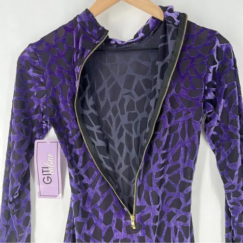 Goodtime USA Purple Burnout Velvet Geometric Long Sleeve Mock Neck Midi Dress