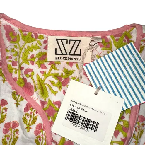 NWT SZ Blockprints Kitty Long Sleeve Floral Floral Print Midi Dress LARGE Pink