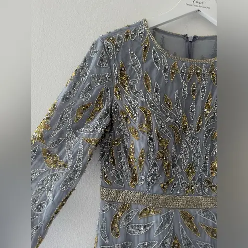 Mac Duggal Gray Beaded Long Sleeve Evening Gown in Platinum Gold 8