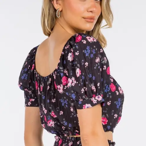 Gab & Kate Pink/Purple Floral Print Elastic Button Cropped Top Sz M Women