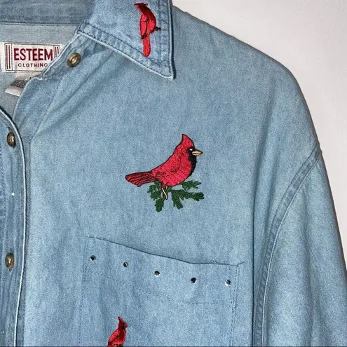 esteem jean button up with cardinals embroidery