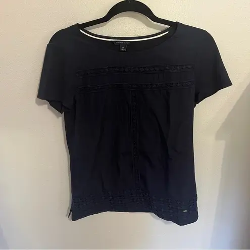 Tommy Hilfiger  Top Navy Blue Tee Crochet Stripes Short Sleeve Crew