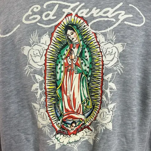Ed Hardy Retro Y2K Mary Crop Hoodie Size Large Grey Spell Out Full Zip