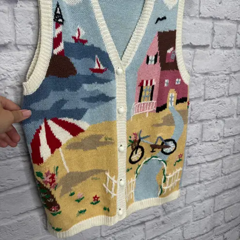 Vintage Women Capacity Knit Sweater Vest Size S Cottage Beach Lake Sailboat Bike Blue