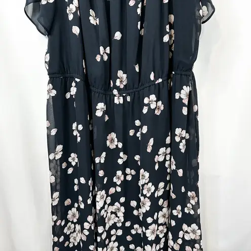 Sandra Darren Plus Size 20W Dress Navy Floral Short Sleeve Smocked Midi 1284