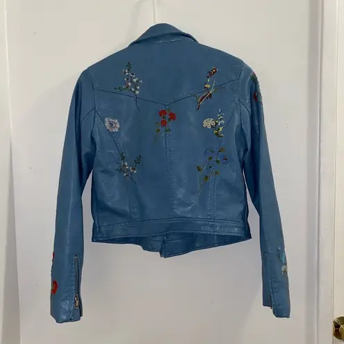 AFTF basic size medium blue floral pleather leather Moto biker jacket