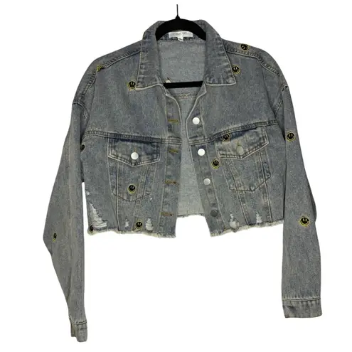 Cloud Ten Women's Size M Smiley Face Patch Cropped Denim Jean Jacket Grunge