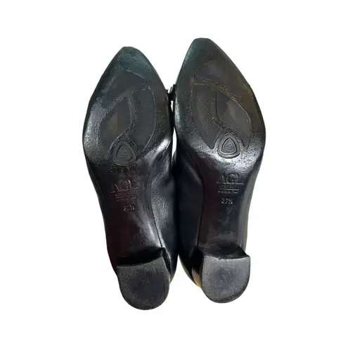 AGL Black Leather Chunky Heel Studded Pointed Cap Toe Heels Size 37.5 (US 7)