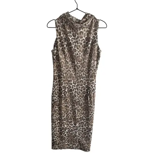 J. McLaughlin Diaz Animal Print Faux Suede Cowl Neck Sheath Dress Brown Small