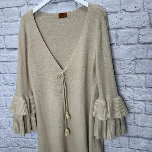 Pol Womens Ruffled Sleeves Beige Lace Up Front Tassel Deep V Wool Blend Size L Size L - Image 3