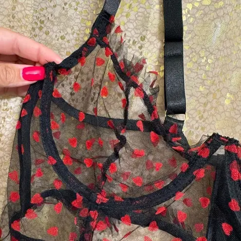Sexy Black Sheer Red Hearts Lingerie Corset Bra Top Large NWOT