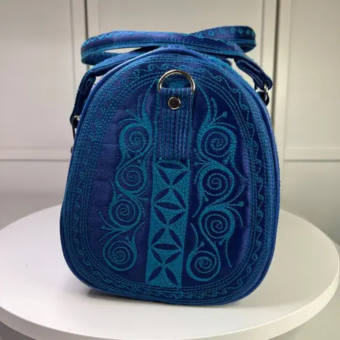 Blue Banda Barrel Bag With Intricate Embroidery & Detachable Charm