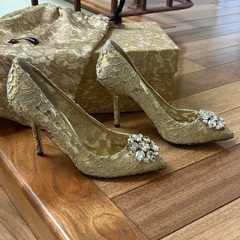 Dolce & Gabbana | Bellucci Gold Metallic Lace Heels Crystal Embellishments 37