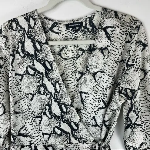 525 America Satin Snakeskin Print Wrap Dress Sz Medium Ruffle Bell Sleeve