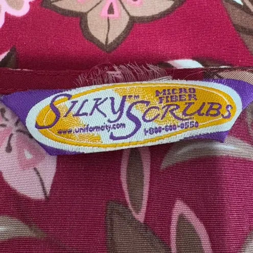 Silky Soft Scrubs Women Top XL Burgundy Pink Floral Microfiber Workwear Uniform