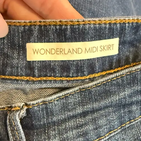 Vintage Frayed Hem Denim Midi Skirt High Waist Raw Edge Stretch Blue Size 14