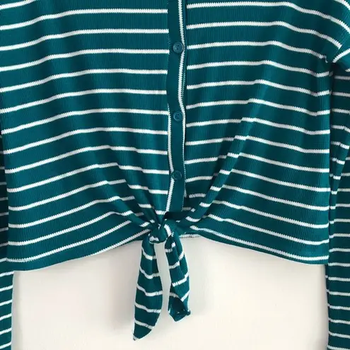 Good Luck Gem New Tie Hem Striped Top Button Down Long Sleeve Thermal Knit Teal
