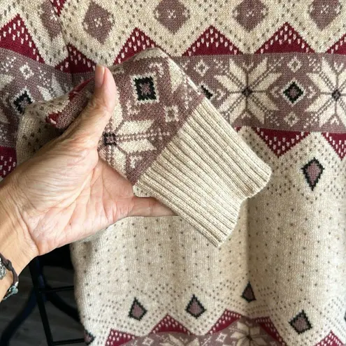 Womens Snowflake Sweater Small Tan Red Fair Isle Crew Neck Winter Soft Outdoors