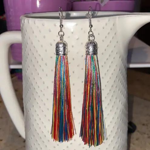 NEW! BOHO Silver & Rainbow Fringe Tassel Earrings Red