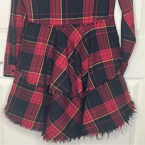 Belle Vere Sz M Plaid Frayed High Low Button Up Top Studded Waist Red Black