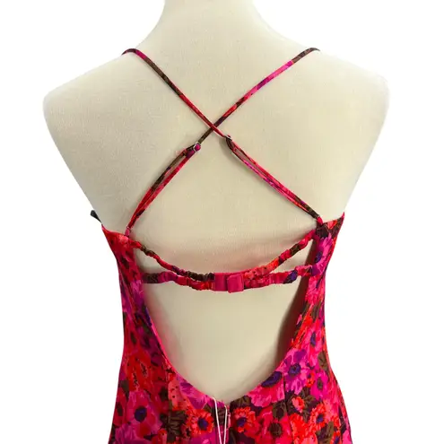 For Love & Lemons Mini Dress Floral Bustier Pink Red Satin Strappy Back Lg New