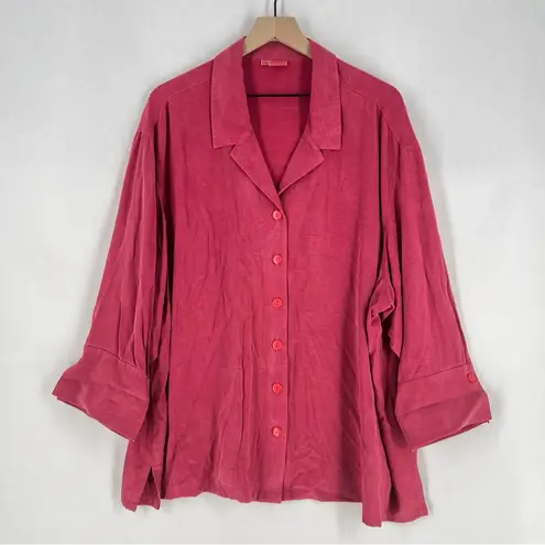 Tianello TENCEL Plus Sized Aida Blouse Button Front Garment Dyed Raspberry 2X Pink