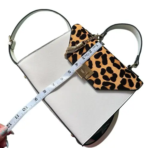 Dune London White Saffiano Leather Leopard Print Calf Hair Fur Trimmed Hand Bag