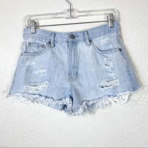 Aeropostale  Light Wash Distressed Denim Lace Hem Cheeky Shorts