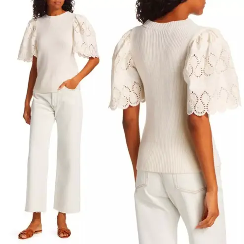 Sea New York Nadene Eyelet Cream Wool Knit Sweater White Short Sleeve Crewneck S Size XS