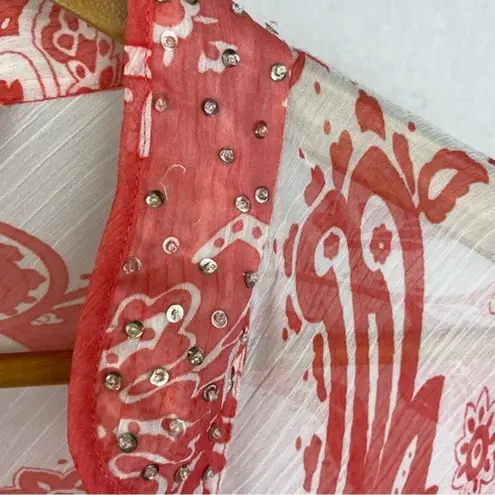 Uniform Orange & White Embellished Sheer Long Sleeve Tunic Top L Size L