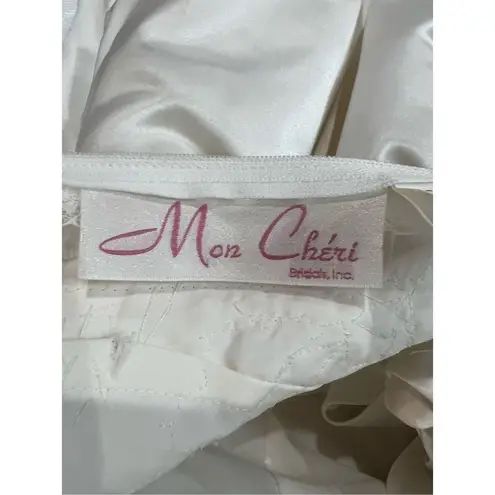 Mon Cheri Vintage White Brown Beaded Pearl Bow Sleeve Detail Satin Ballgown Wedd