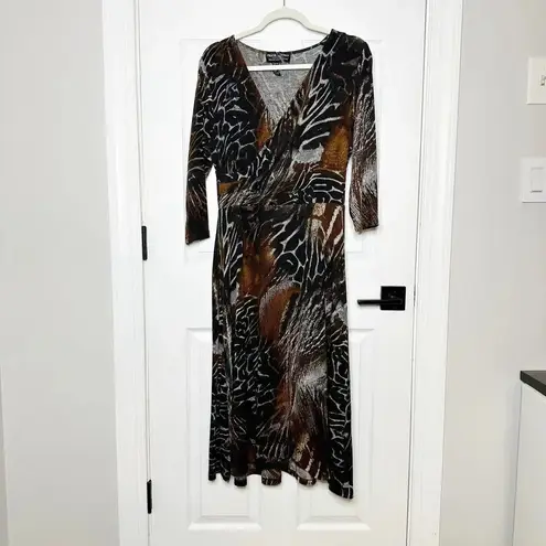 FRANK LYMAN Montreal US Size 12 Whiskey Grey Knit Animal Print Midi Dress Brown