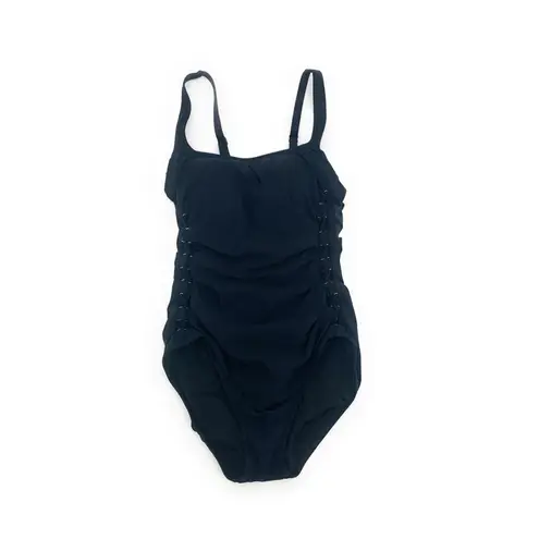 Profile  by Gottex Slimming Side Lace Solid Black One-Piece Swimsuit NWOT 8