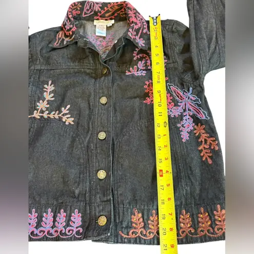 Coldwater Creek Black Jean Jacket Pink Blue Embroidery Cotton Womens XS