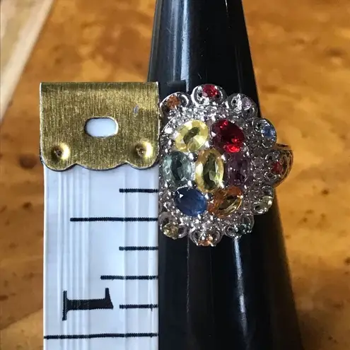 Natural Multicolor Sapphire Sterling Silver Cocktail Ring Size 6 Red