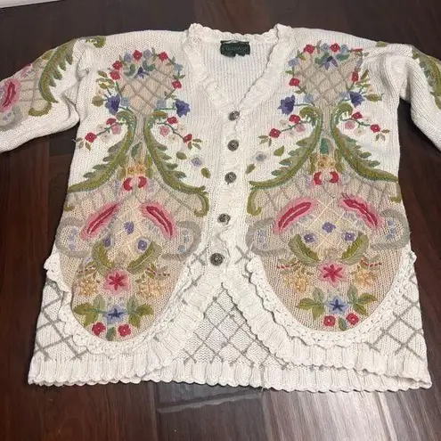Cullinane Hand Knit Vtg 80s Sweater Floral Button Up VNeck 3d Women’s Sz MED