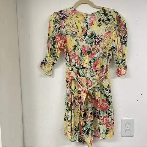 Faithfull the Brand Yellow Pink Floral Romper Womens 2 Puff Short Sleeve Ana