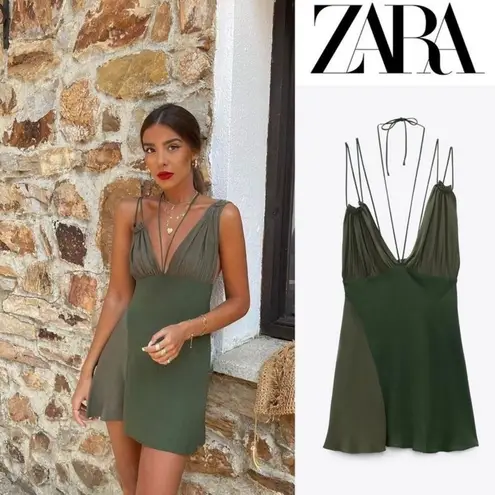ZARA Green Patchwork Asymmetrical Mini Dress Cocktail Fairy Whimsy Boho Sz Medium NEW