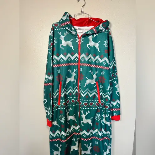 Festive Green Hooded Onesie with Reindeer Pattern Size L
