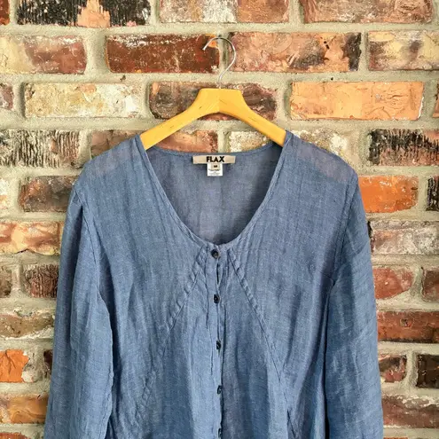 Flax Blue Linen Button Front Long Sleeve Tunic Shirt Top, M
