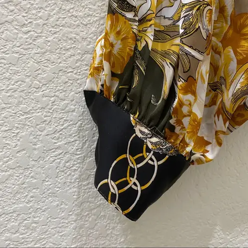 Soho NYC Green/Gold Scarf Print Front Tie Blouse S